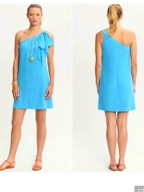 Banana Republic Trina Turk Silk One-Shoulder Bright Aqua Dress